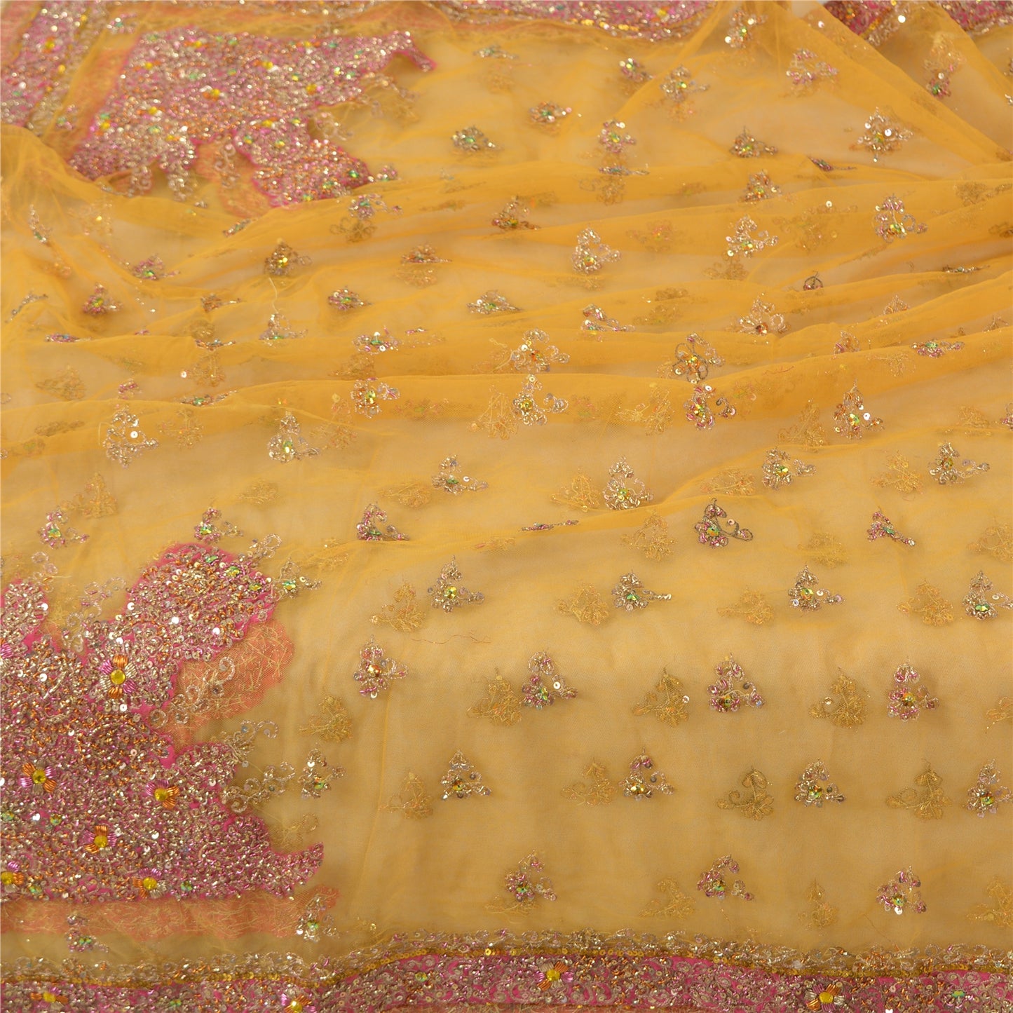 Sanskriti Vintage Bollywood Dupatta Net Mesh Mustard Hand Beaded Zardozi Stole