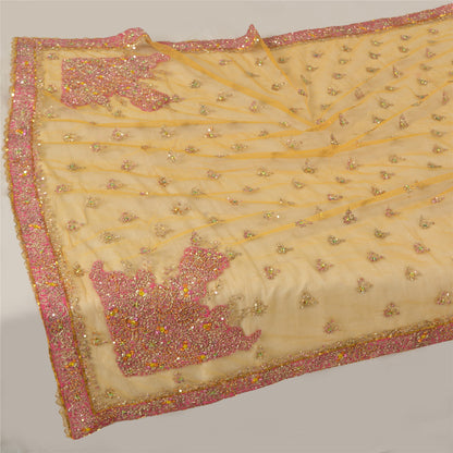 Sanskriti Vintage Bollywood Dupatta Net Mesh Mustard Hand Beaded Zardozi Stole