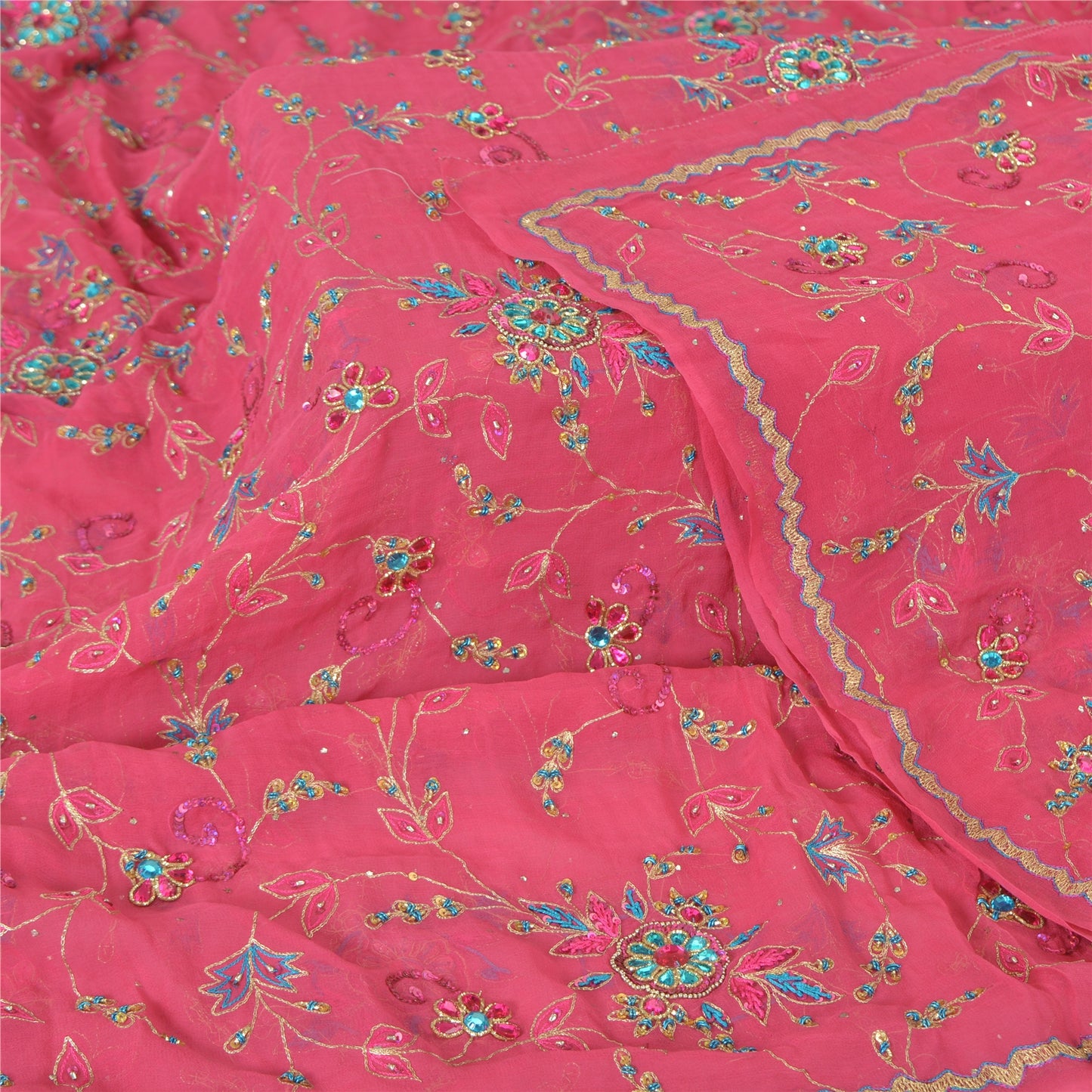 Sanskriti Vintage Long Dupatta Pure Georgette Pink Hand Beaded Stole Scarf Veil