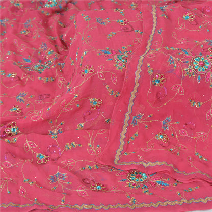 Sanskriti Vintage Long Dupatta Pure Georgette Pink Hand Beaded Stole Scarf Veil