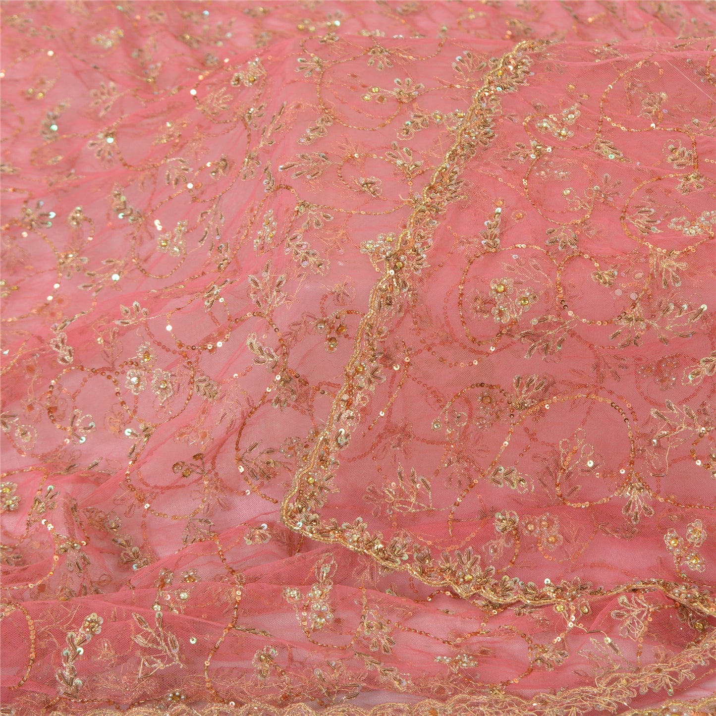 Sanskriti Vintage Indian Pink Dupatta Long Stole Net Mesh Hand Beaded Wrap Veil