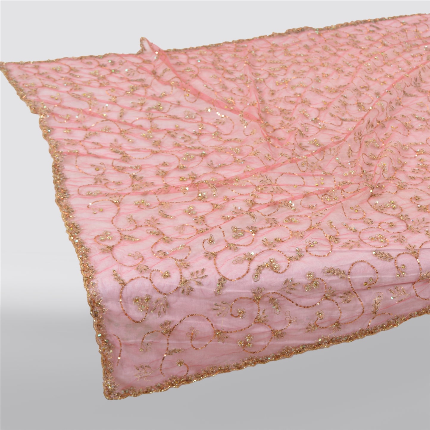 Sanskriti Vintage Indian Pink Dupatta Long Stole Net Mesh Hand Beaded Wrap Veil