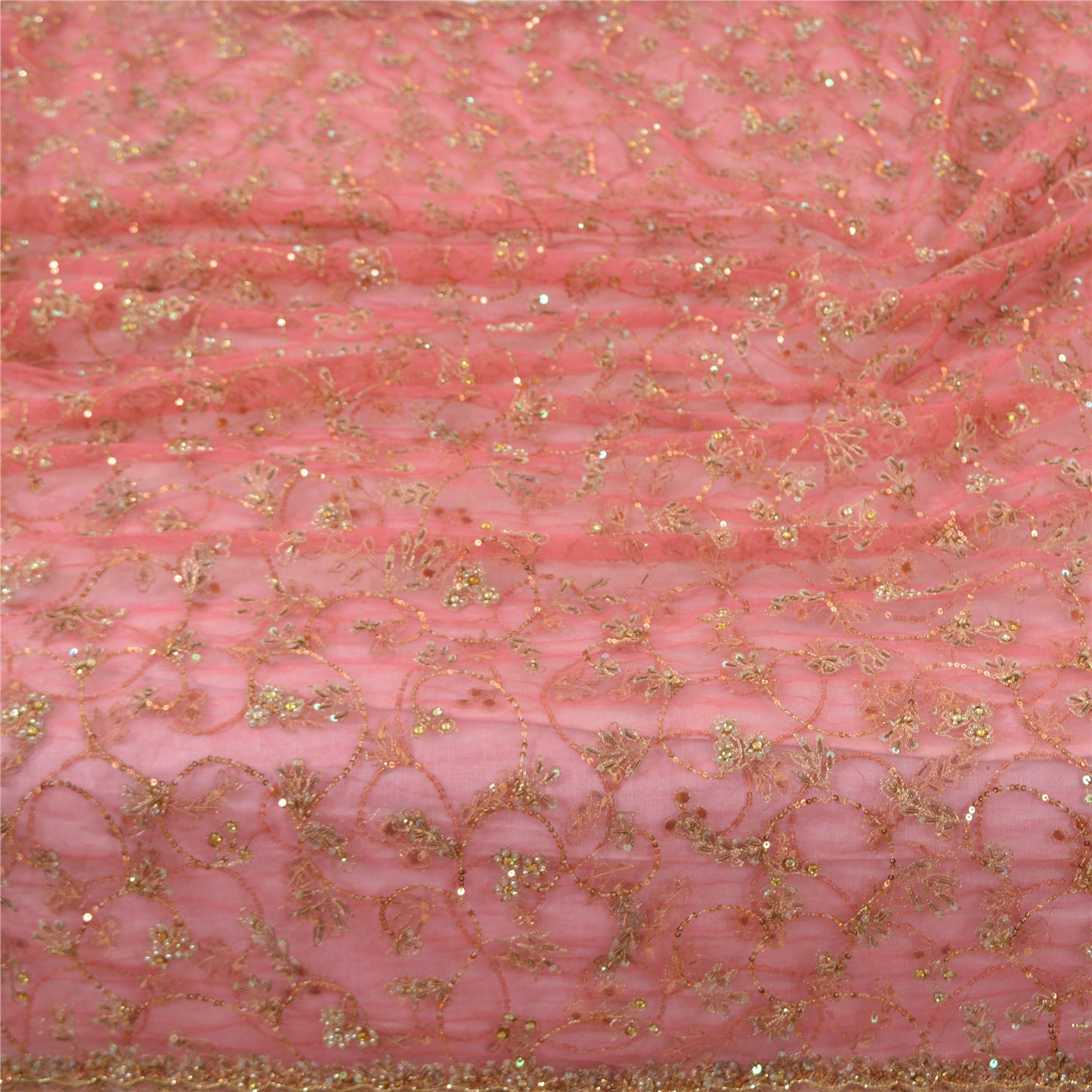 Sanskriti Vintage Indian Pink Dupatta Long Stole Net Mesh Hand Beaded Wrap Veil