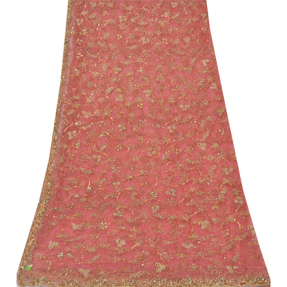 Sanskriti Vintage Indian Pink Dupatta Long Stole Net Mesh Hand Beaded Wrap Veil