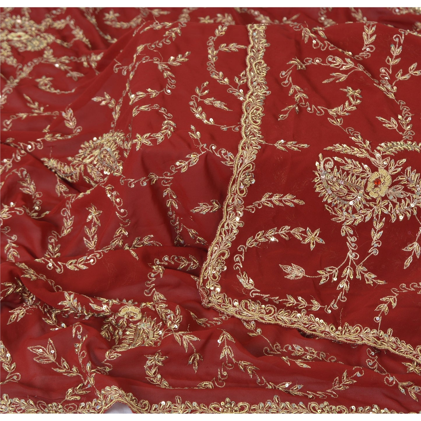 Sanskriti Vintage Red Dupatta Long Stole Georgette Hand Beaded Zardozi Scarves