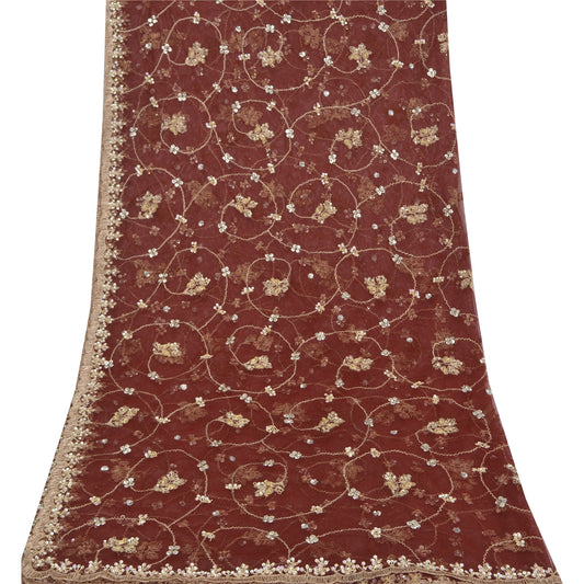 Sanskriti Vintage Dark Red Dupatta Long Stole Net Mesh Hand Beaded Zardozi Veil