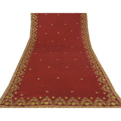 Sanskriti Vintage Red Dupatta Long Stole Pure Chiffon Hand Beaded Ethnic Scarves