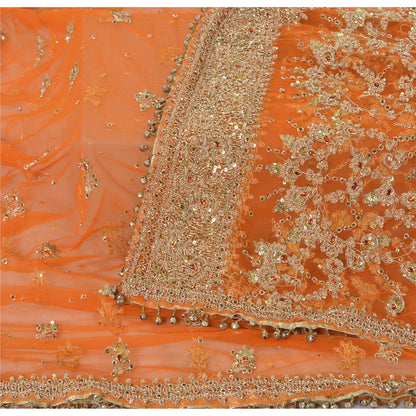 Sanskriti Vintage Orange Dupatta Long Stole Net Mesh Hand Beaded Ethnic Scarves