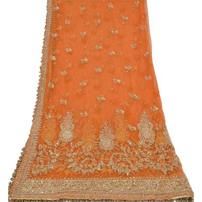 Sanskriti Vintage Orange Dupatta Long Stole Net Mesh Hand Beaded Ethnic Scarves