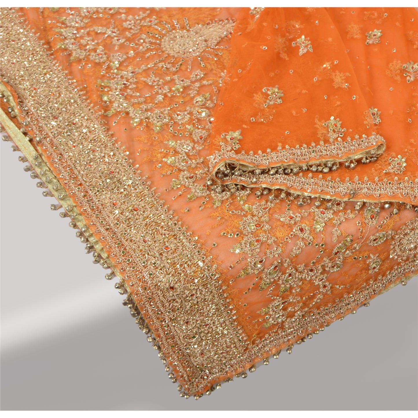 Sanskriti Vintage Orange Dupatta Long Stole Net Mesh Hand Beaded Ethnic Scarves