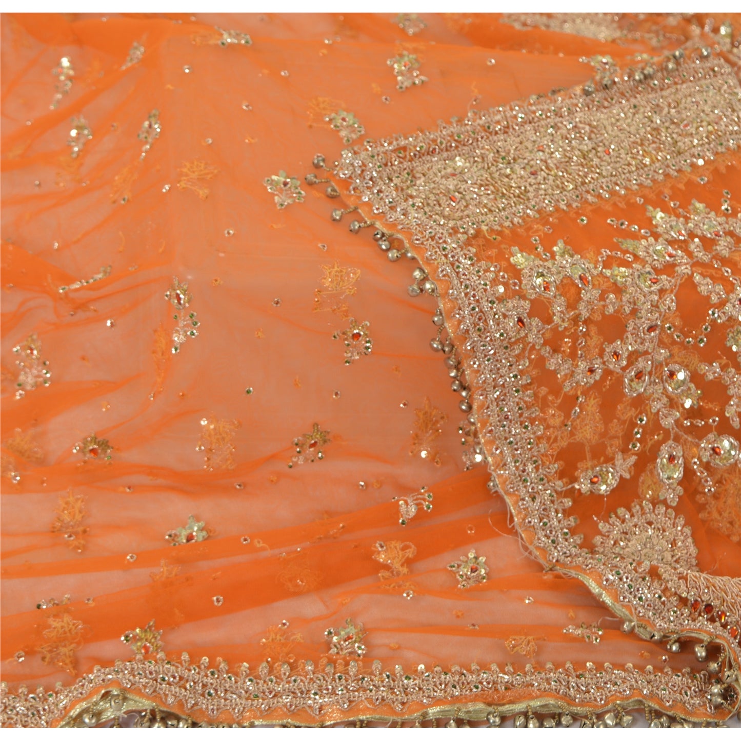 Sanskriti Vintage Orange Dupatta Long Stole Net Mesh Hand Beaded Ethnic Scarves