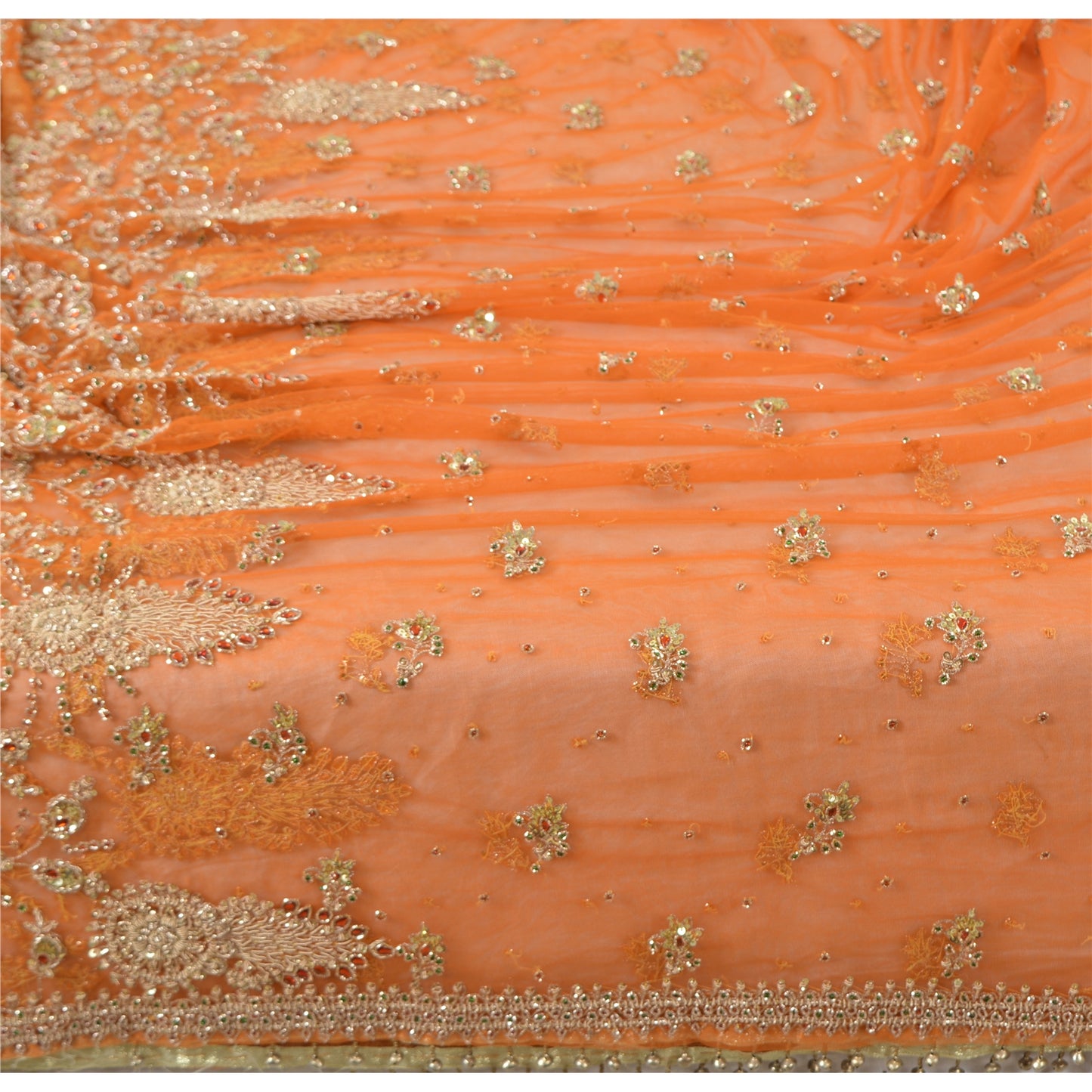 Sanskriti Vintage Orange Dupatta Long Stole Net Mesh Hand Beaded Ethnic Scarves