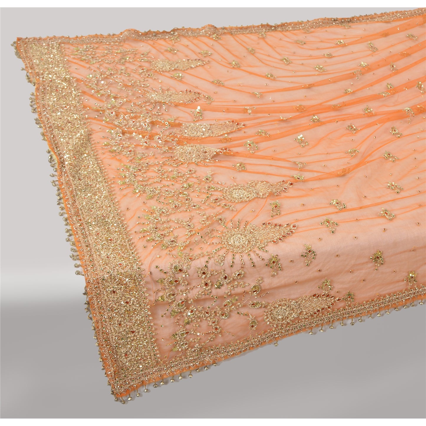 Sanskriti Vintage Orange Dupatta Long Stole Net Mesh Hand Beaded Ethnic Scarves