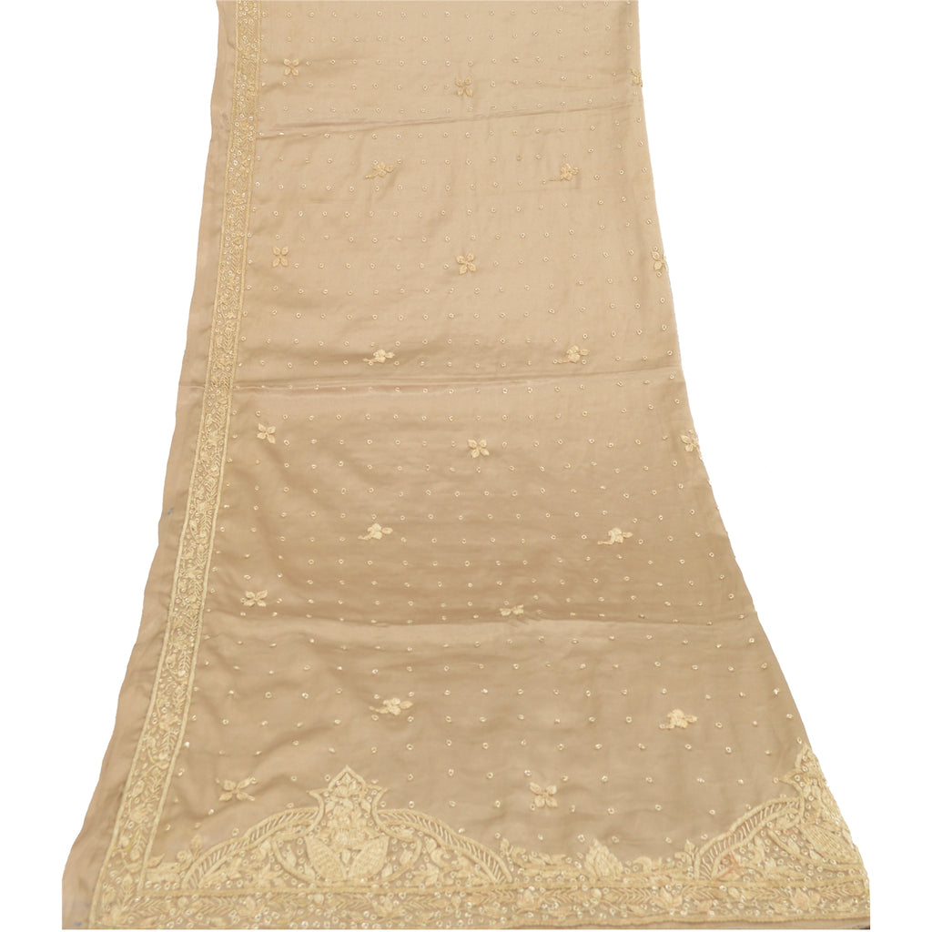 Sanskriti Vintage Beige Dupatta Long Stole Art Silk Hand Embroidered Veil/Scarve