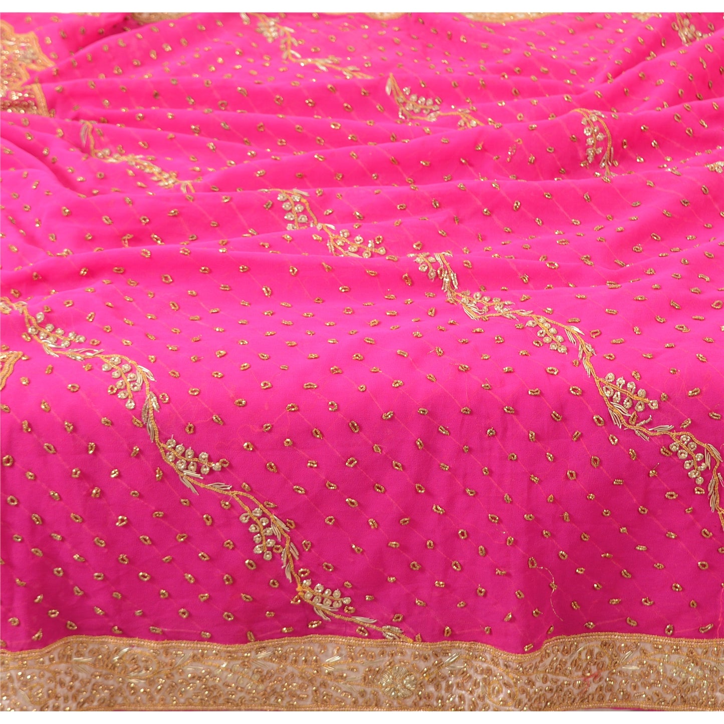 Sanskriti Vintage Fuchsia Dupatta Long Stole Pure Georgette Hand Beaded Scarves