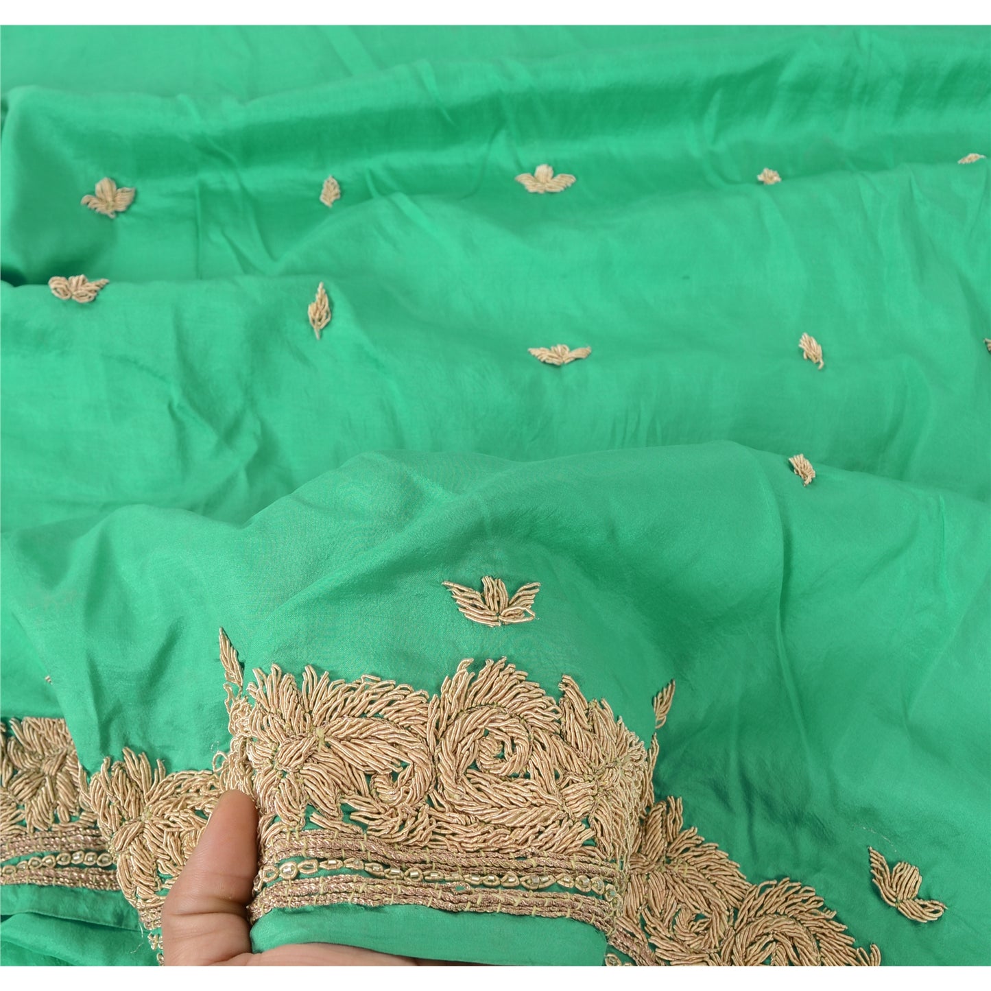 Sanskriti Vintage Seafoam Green Dupatta Long Stole Pure Silk Hand Beaded Scarves