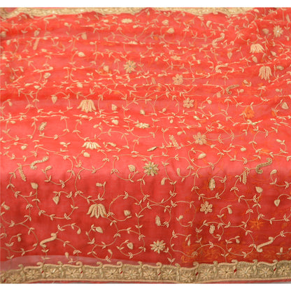 Sanskriti Vintage Red Dupatta Long Stole Organza Hand Beaded Ethnic Wrap Scarves