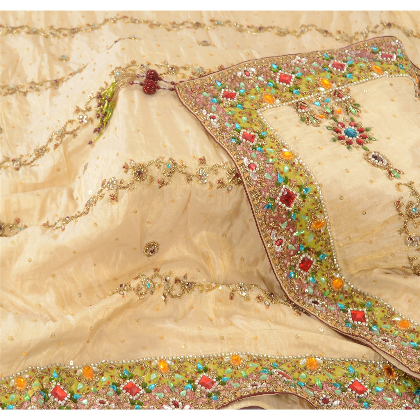 Sanskriti Vintage Cream Dupatta Long Stole Pure Silk Hand Beaded Premium Scarves