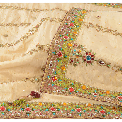 Sanskriti Vintage Cream Dupatta Long Stole Pure Silk Hand Beaded Premium Scarves