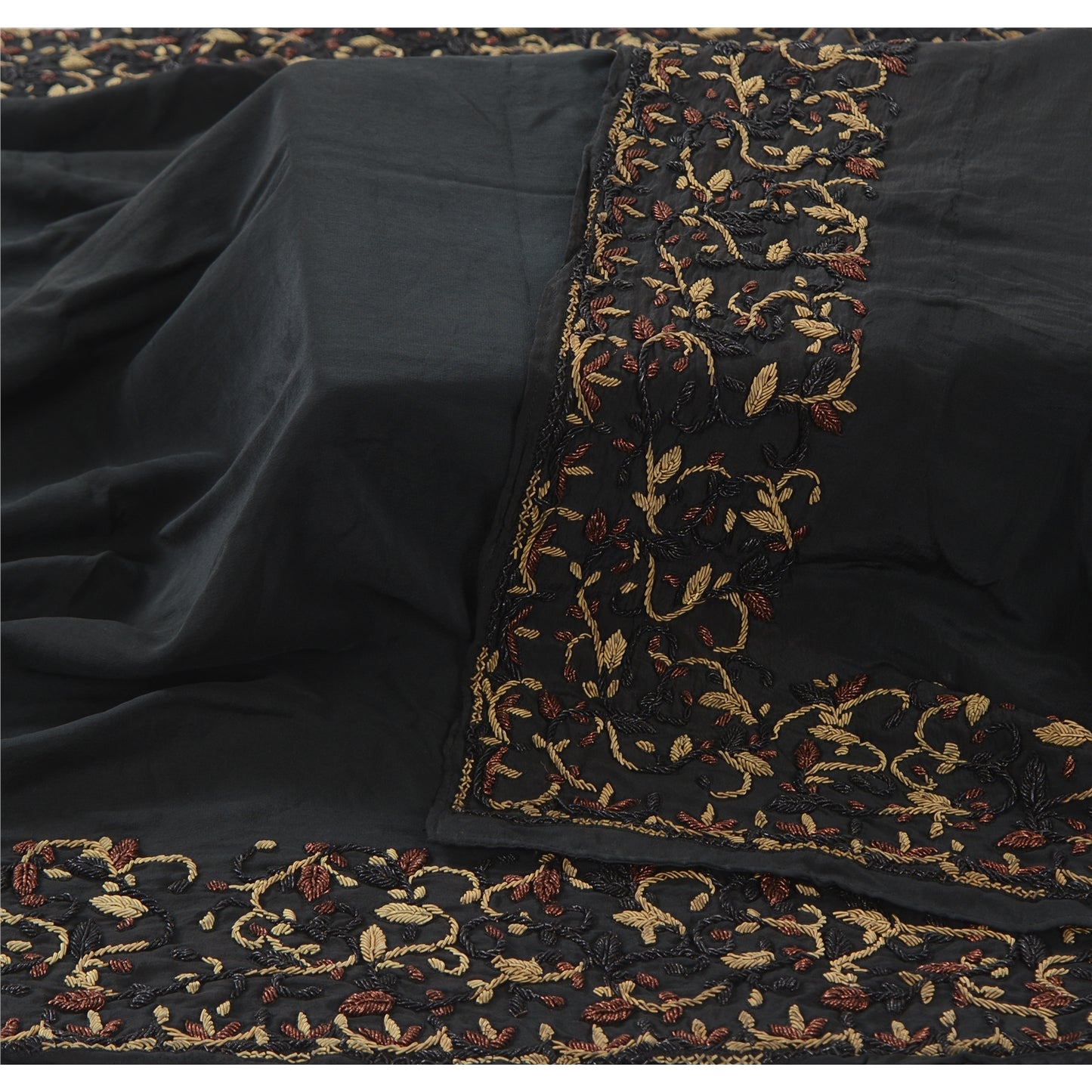 Sanskriti Vintage Black Dupatta Long Stole Pure Silk Hand Beaded Ethnic Scarves