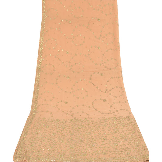 Sanskriti Vintage Peach Dupatta Long Stole Pure Georgette Hand Beaded Wrap Veil