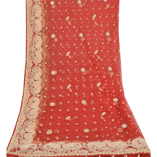 Sanskriti Vintage Red Dupatta Long Stole Net Mesh Hand Beaded Ethnic Wrap Veil