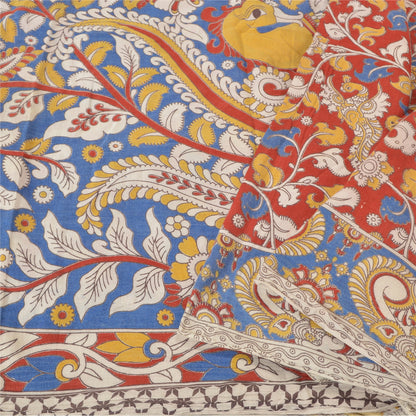 Sanskriti Vintage Indian Saree 100% Pure Cotton Madhubani Hand Painted Fabric Sari Cream