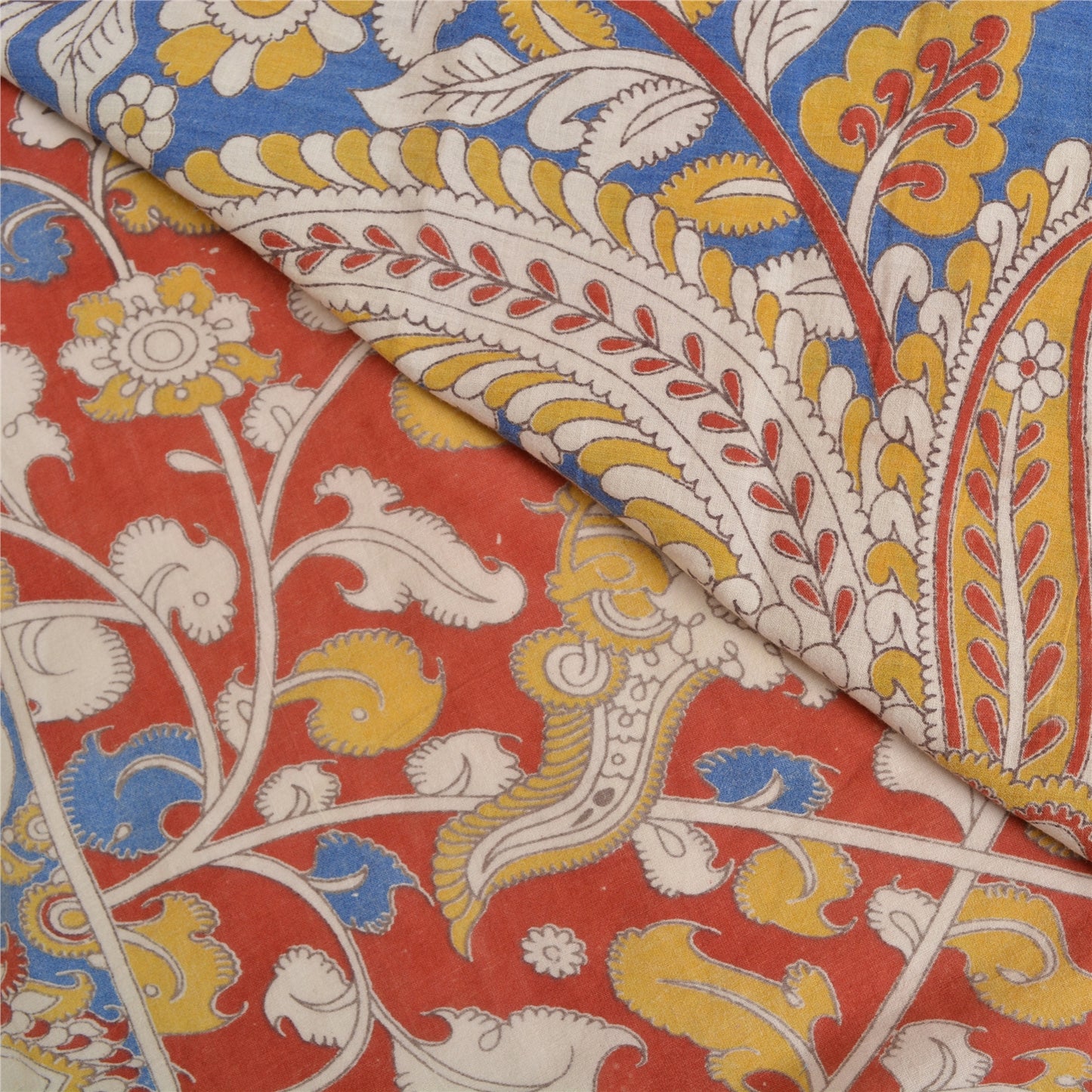 Sanskriti Vintage Indian Saree 100% Pure Cotton Madhubani Hand Painted Fabric Sari Cream