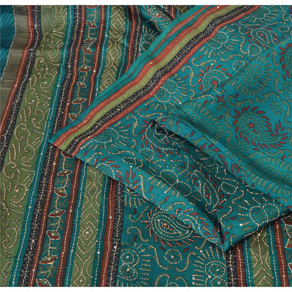 Sanskriti Vintage Teal Blue Sarees Pure Silk Hand Beaded Kantha Sari 5yrd Fabric