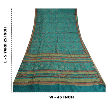 Sanskriti Vintage Teal Blue Sarees Pure Silk Hand Beaded Kantha Sari 5yrd Fabric