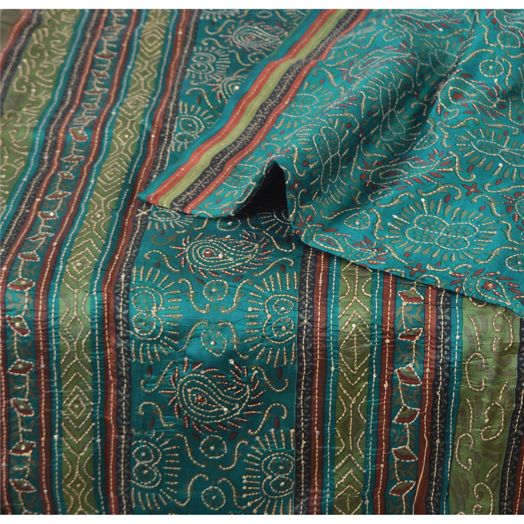 Sanskriti Vintage Teal Blue Sarees Pure Silk Hand Beaded Kantha Sari 5yrd Fabric