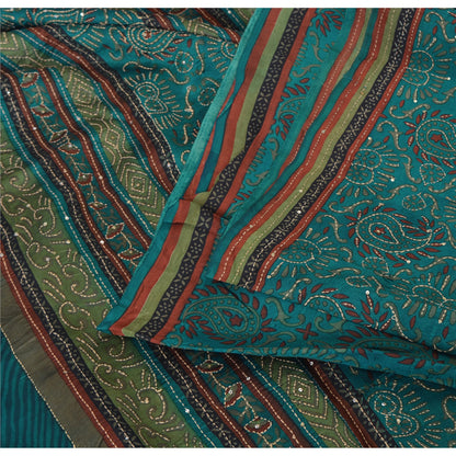 Sanskriti Vintage Teal Blue Sarees Pure Silk Hand Beaded Kantha Sari 5yrd Fabric