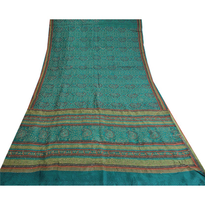 Sanskriti Vintage Teal Blue Sarees Pure Silk Hand Beaded Kantha Sari 5yrd Fabric