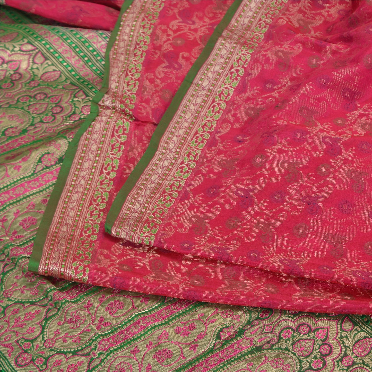 Sanskriti Vintage Green/Pink Sarees Pure Silk Woven Brocade/Banarasi Sari Fabric