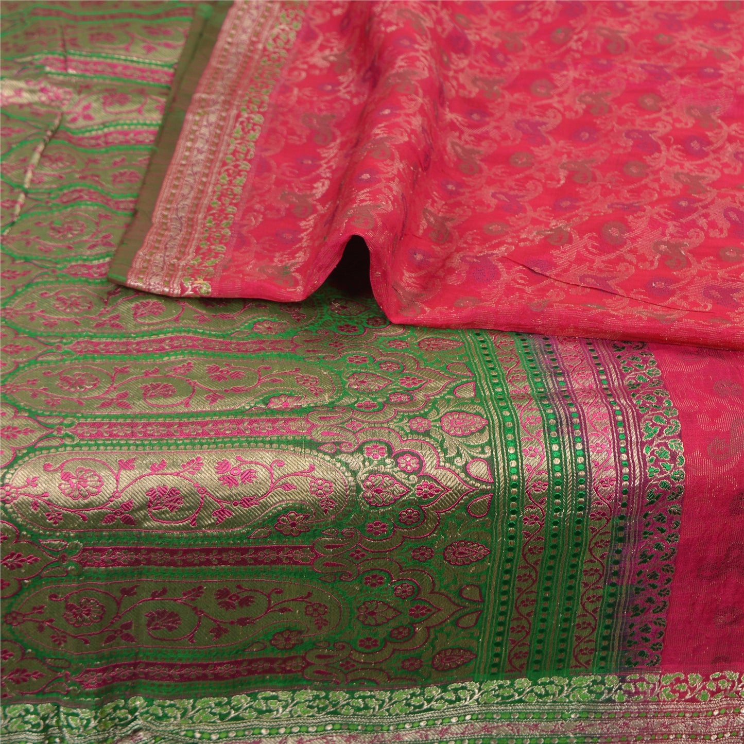 Sanskriti Vintage Green/Pink Sarees Pure Silk Woven Brocade/Banarasi Sari Fabric