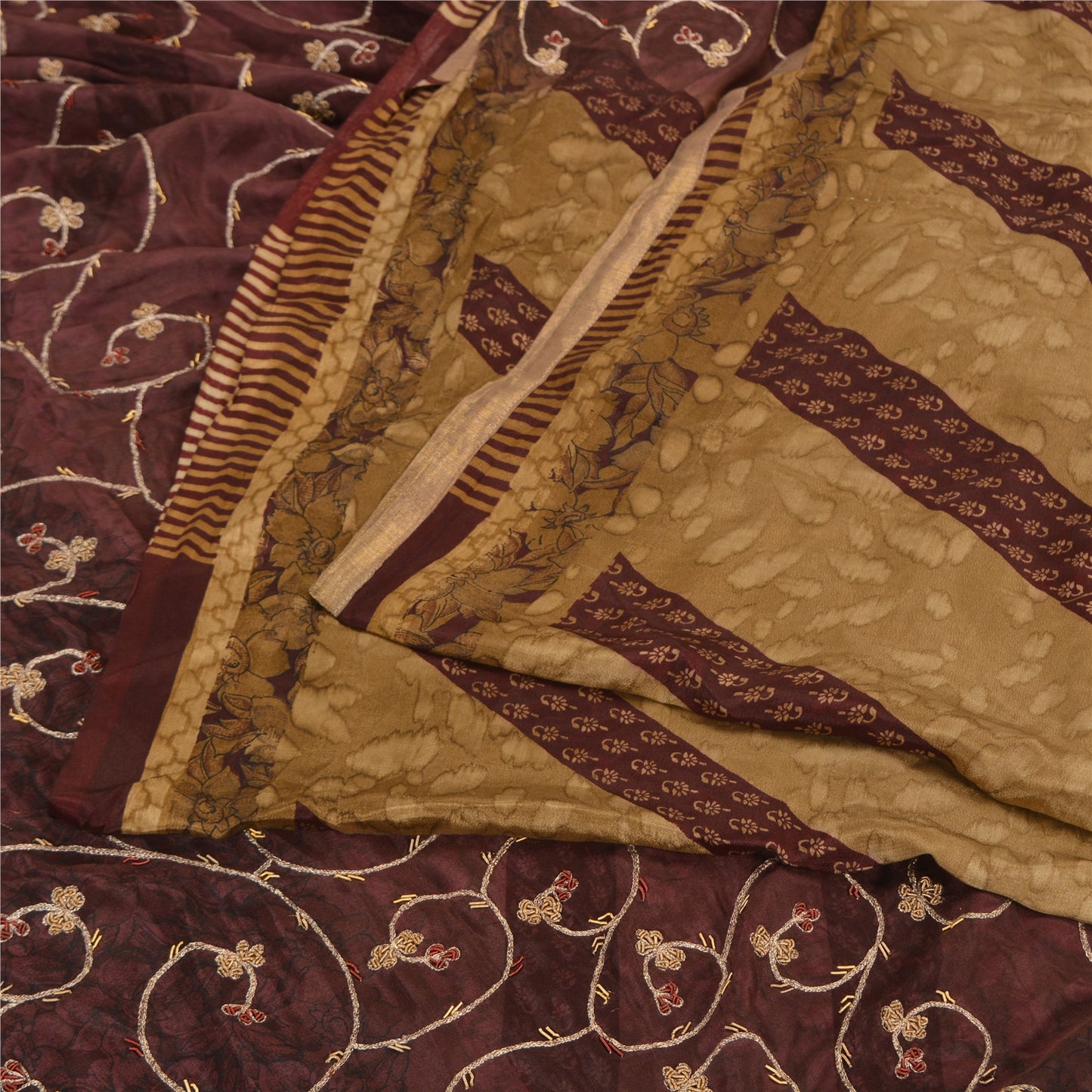 Sanskriti Vintage Brown Indian Sarees Pure Silk Hand Embroidered Sari Fabric