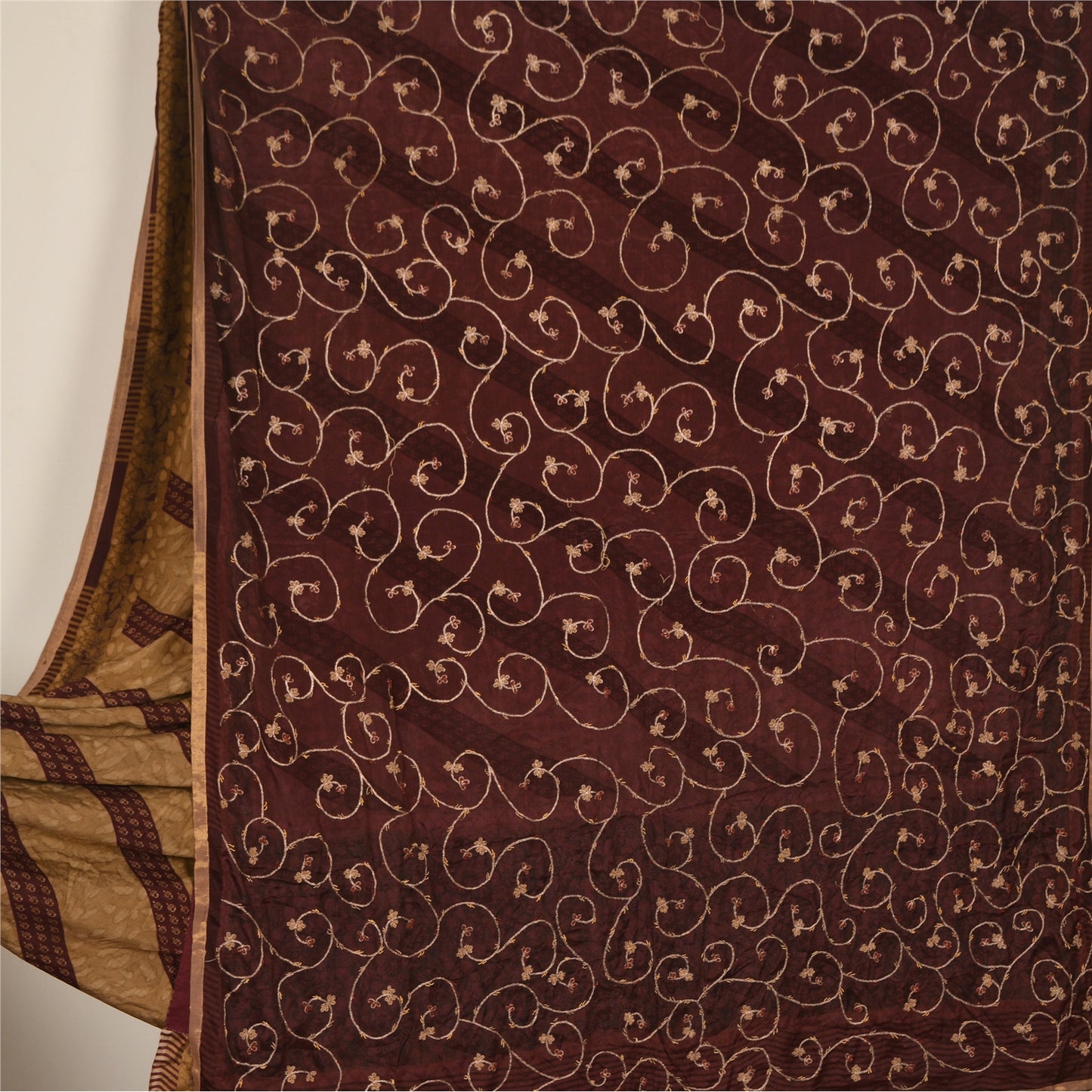 Sanskriti Vintage Brown Indian Sarees Pure Silk Hand Embroidered Sari Fabric