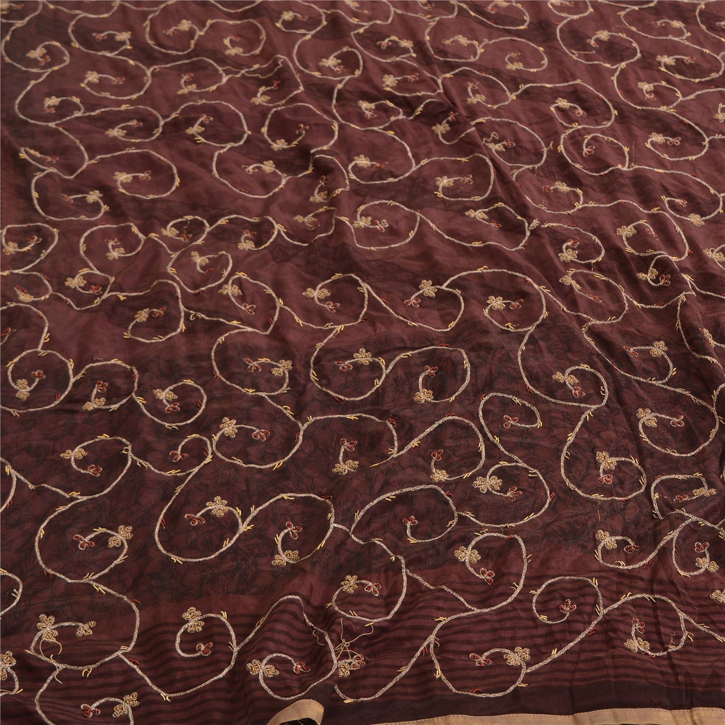 Sanskriti Vintage Brown Indian Sarees Pure Silk Hand Embroidered Sari Fabric