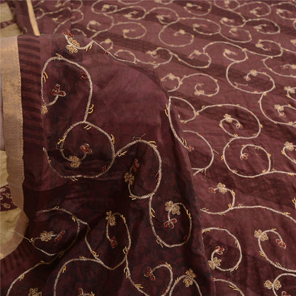 Sanskriti Vintage Brown Indian Sarees Pure Silk Hand Embroidered Sari Fabric