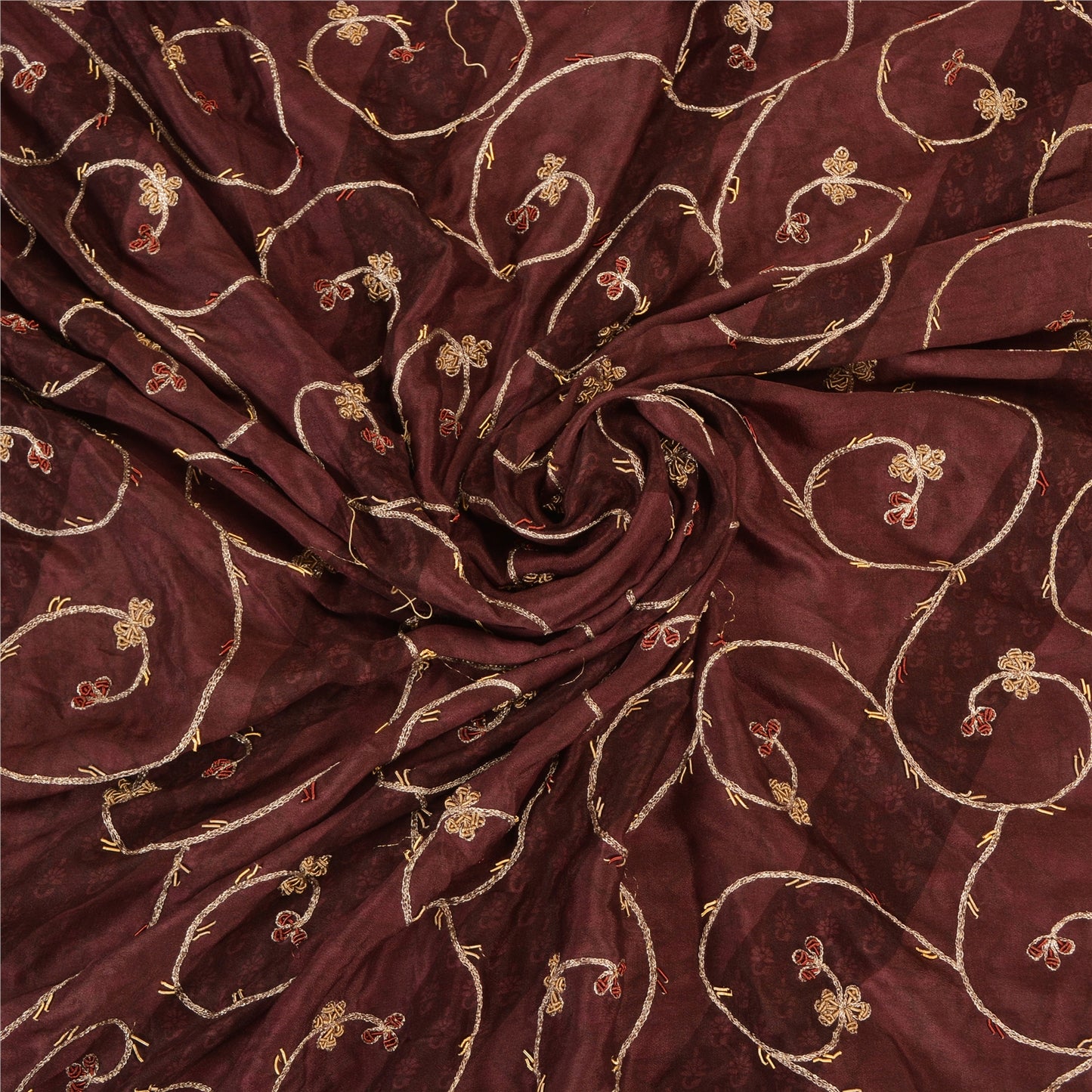 Sanskriti Vintage Brown Indian Sarees Pure Silk Hand Embroidered Sari Fabric