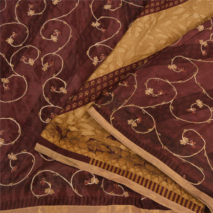 Sanskriti Vintage Brown Indian Sarees Pure Silk Hand Embroidered Sari Fabric