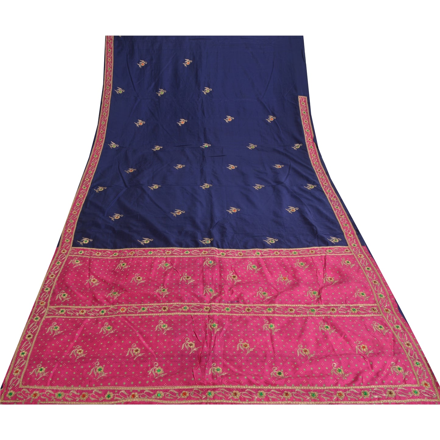 Sanskriti Vintage Bandhani Hand Beaded Sarees Pure Silk Pink/Navy Blue Sari