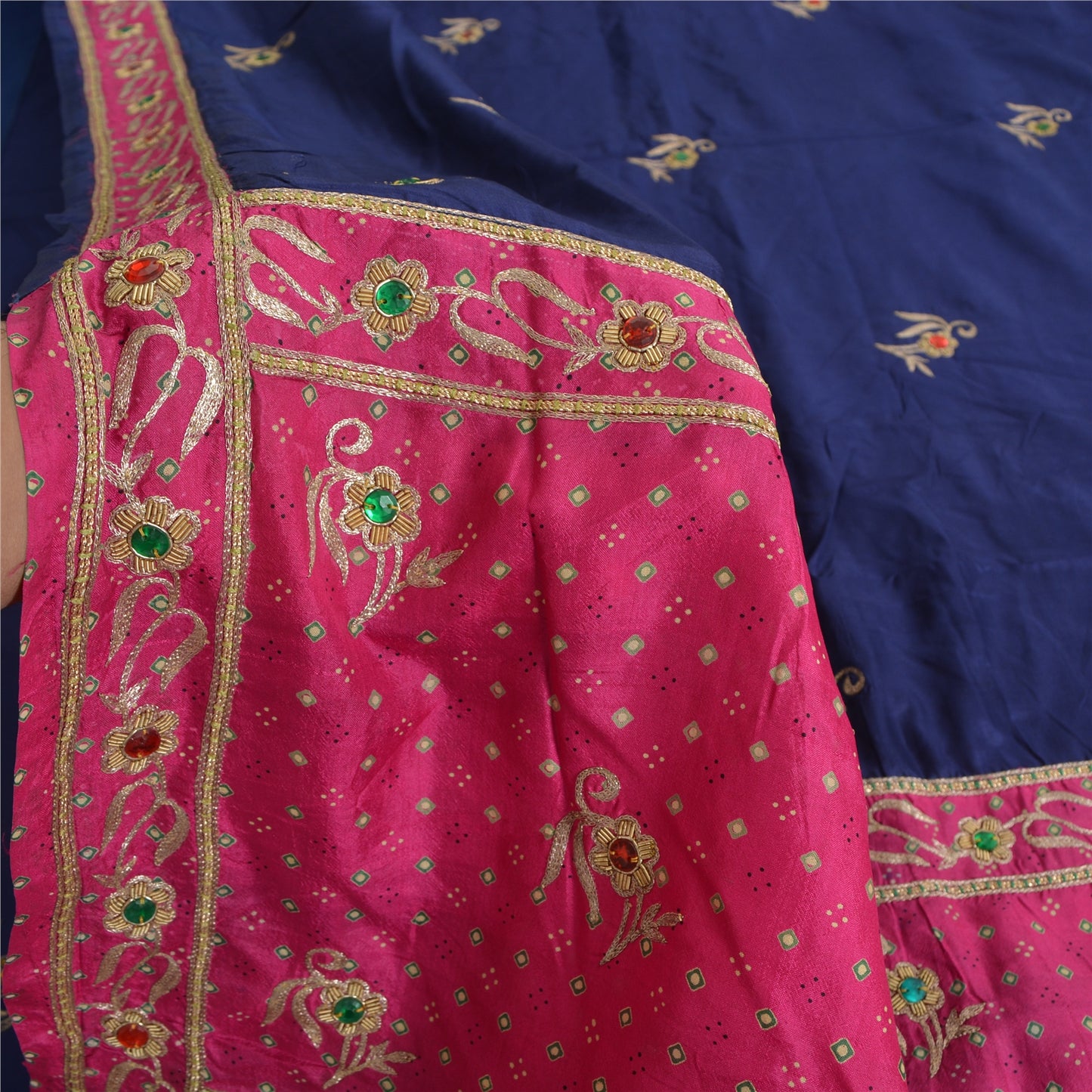 Sanskriti Vintage Bandhani Hand Beaded Sarees Pure Silk Pink/Navy Blue Sari