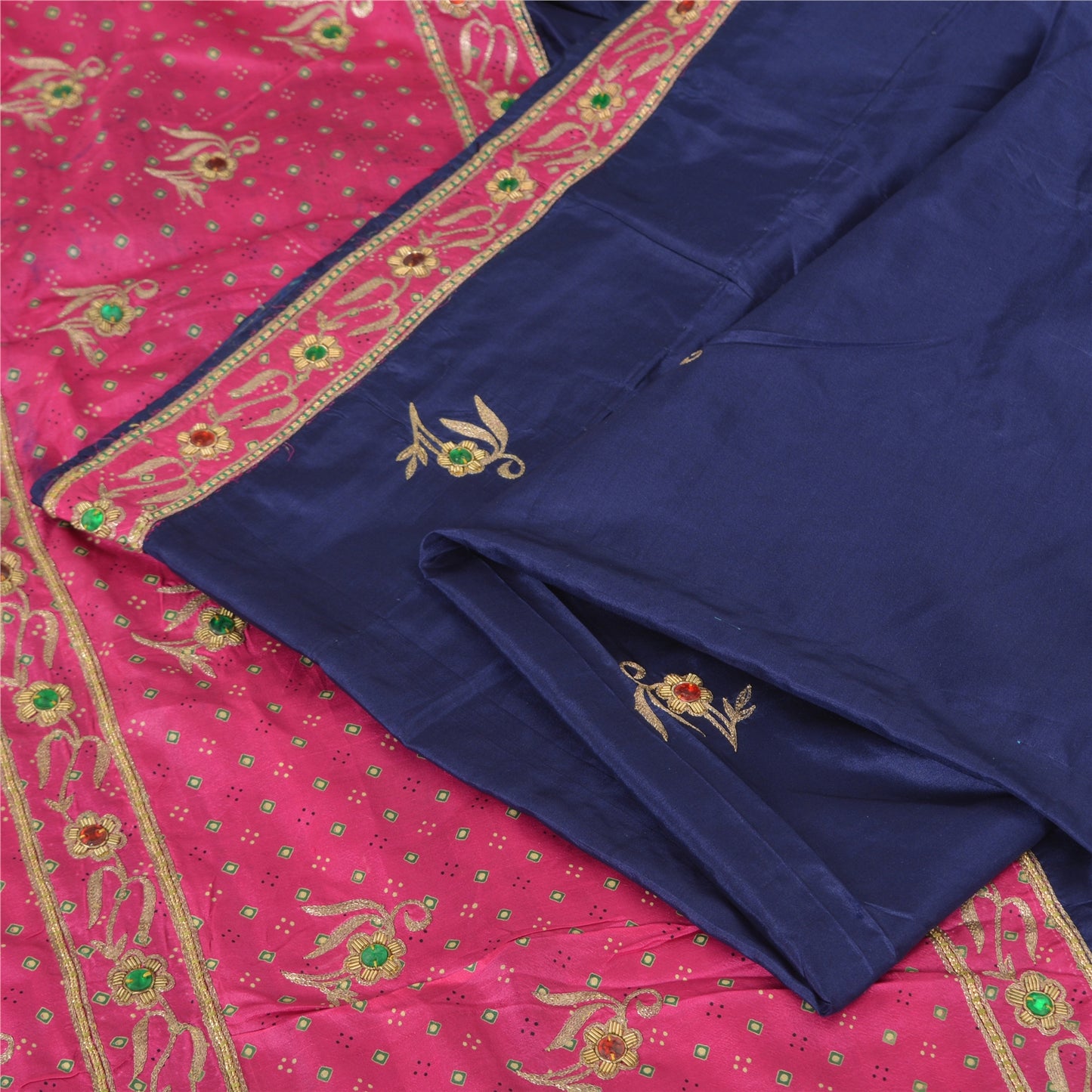 Sanskriti Vintage Bandhani Hand Beaded Sarees Pure Silk Pink/Navy Blue Sari