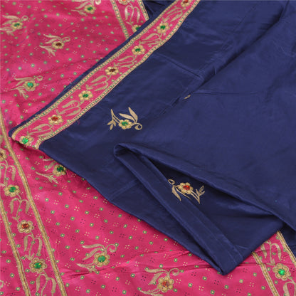 Sanskriti Vintage Bandhani Hand Beaded Sarees Pure Silk Pink/Navy Blue Sari