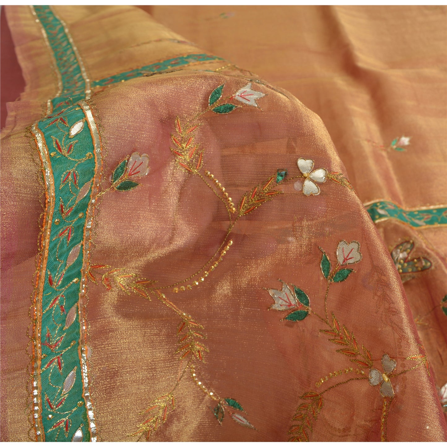 Sanskriti Vintage Copper Sarees Artificial Silk Handwoven Gotapati Sari/Fabric