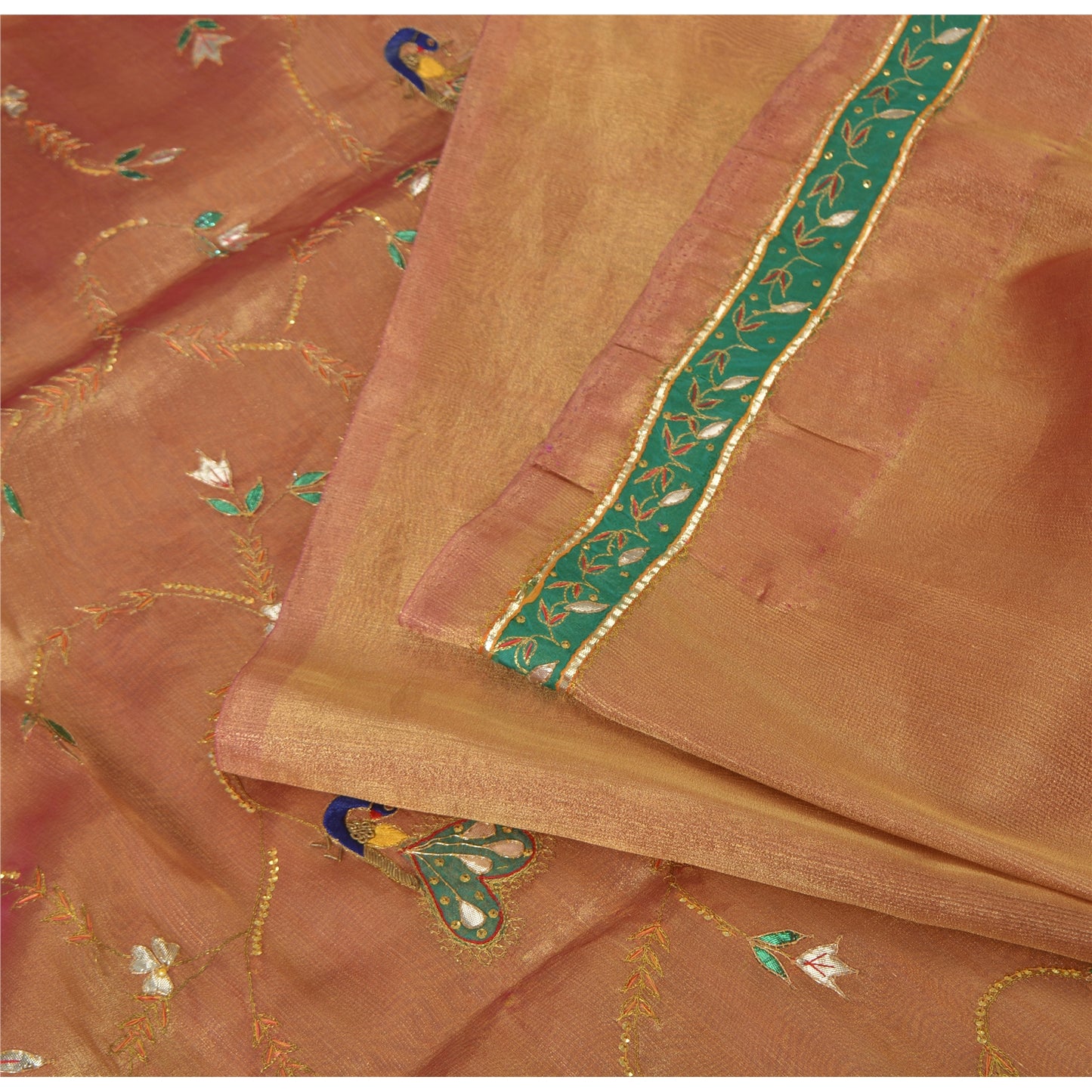 Sanskriti Vintage Copper Sarees Artificial Silk Handwoven Gotapati Sari/Fabric