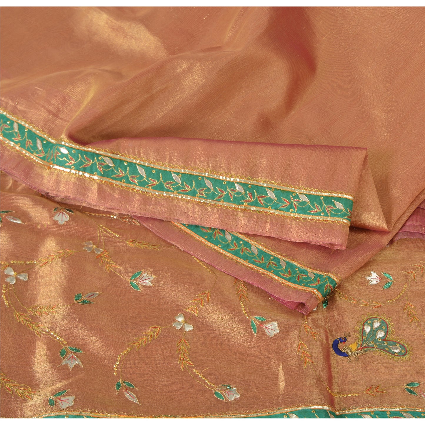 Sanskriti Vintage Copper Sarees Artificial Silk Handwoven Gotapati Sari/Fabric