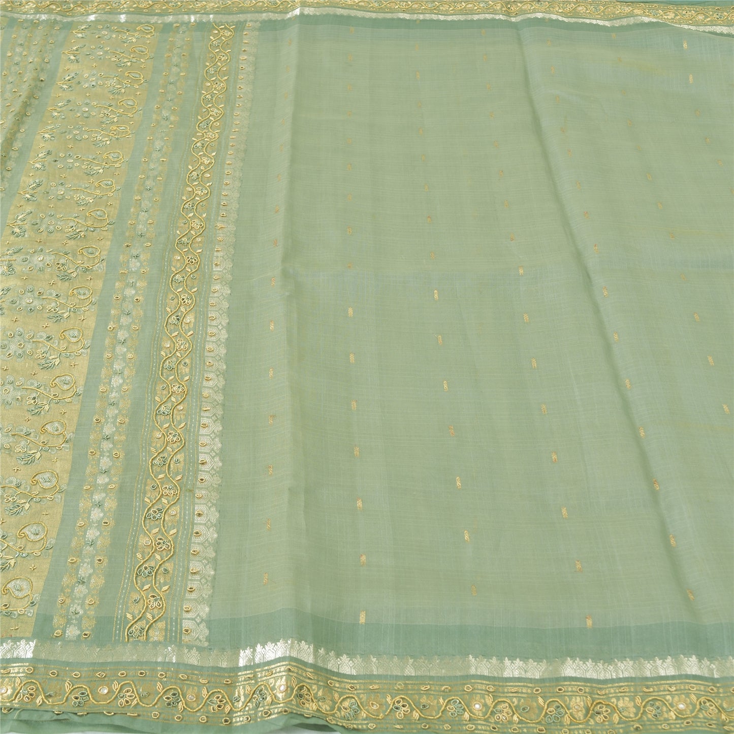 Sanskriti Vintage Mint Sarees Pure Silk Hand Beaded Woven Sari 5yrd Craft Fabric