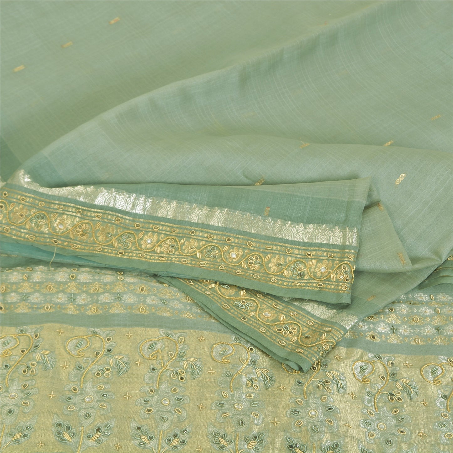 Sanskriti Vintage Mint Sarees Pure Silk Hand Beaded Woven Sari 5yrd Craft Fabric